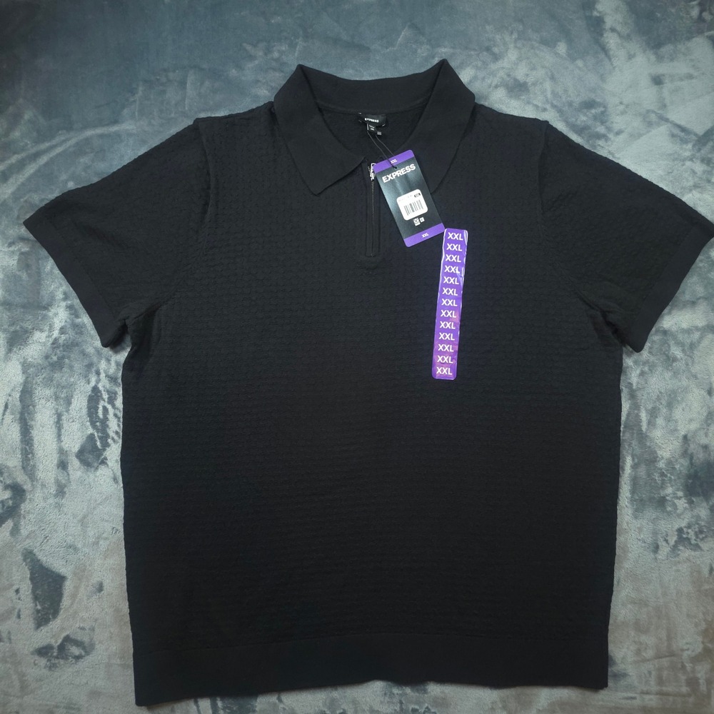 Express Mens Textured Quarter Zip Short Sleeve Sweater Polo Black‎ XXL NEW